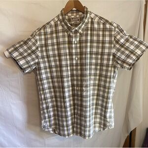 Lucky Brand Mens Plaid Short Sleeve Button Down Shirt Brown Blue Cotton Large